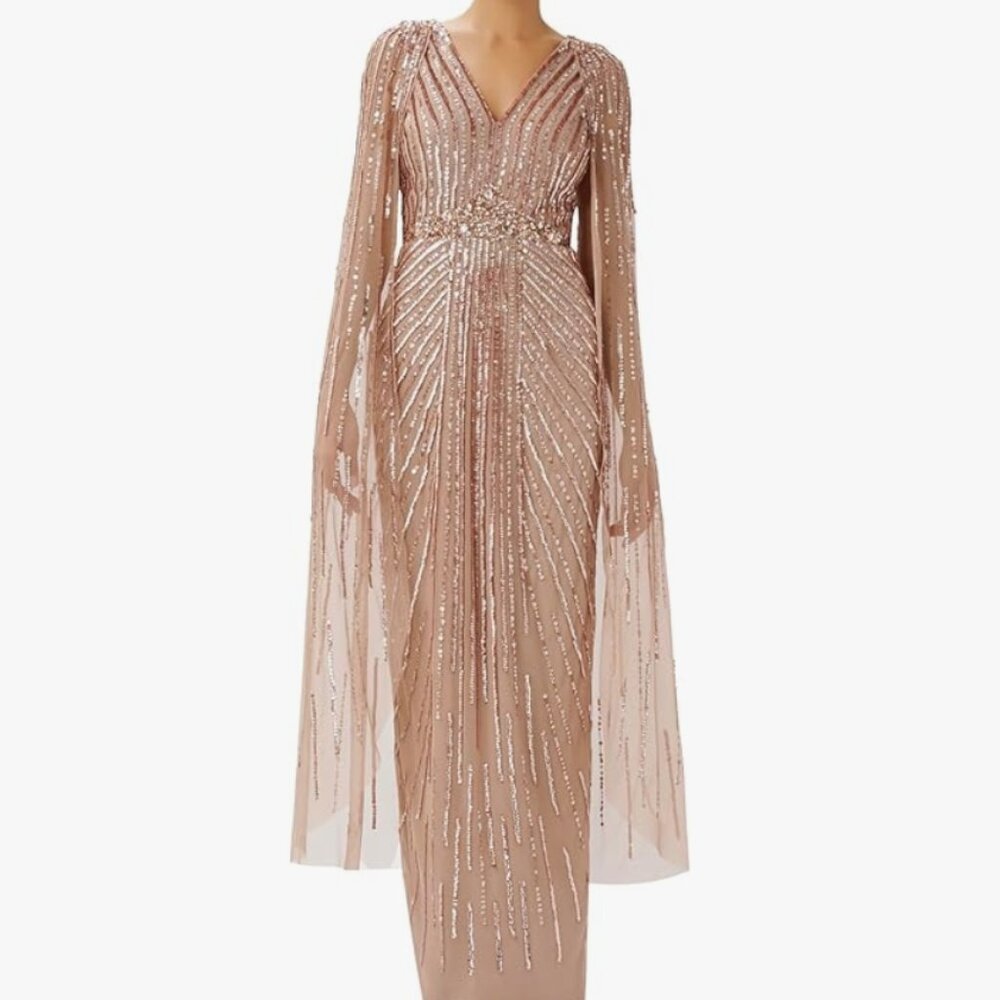 Adrianna Papell Women's Beaded Cape Long Dress  Size 16 Rose Gold
